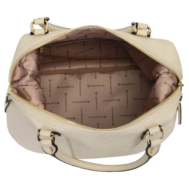 Interior da bolsa WJ aberto mostrando forro estampado e bolso interno com zíper